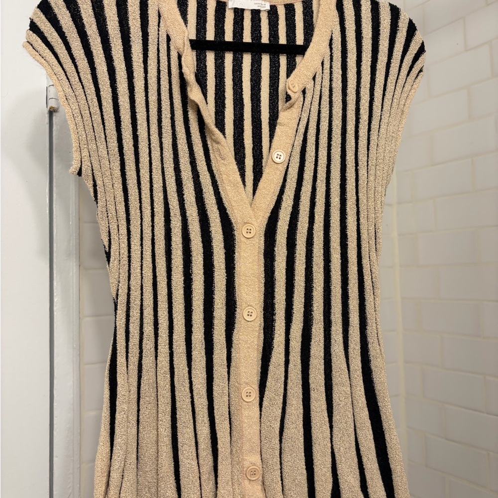 Zara Black and Tan Button-Up Knit Top
